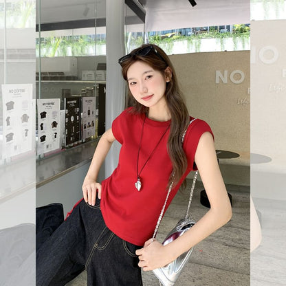 Plain Ruched Slim-Fit Crew-Neck Cap-Sleeved Tee