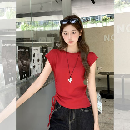 Plain Ruched Slim-Fit Crew-Neck Cap-Sleeved Tee