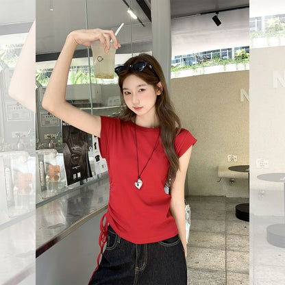 Plain Ruched Slim-Fit Crew-Neck Cap-Sleeved Tee