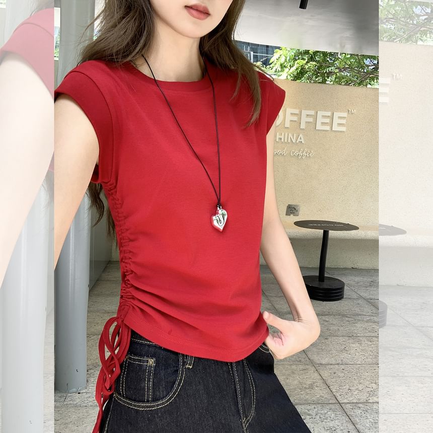 Plain Ruched Slim-Fit Crew-Neck Cap-Sleeved Tee