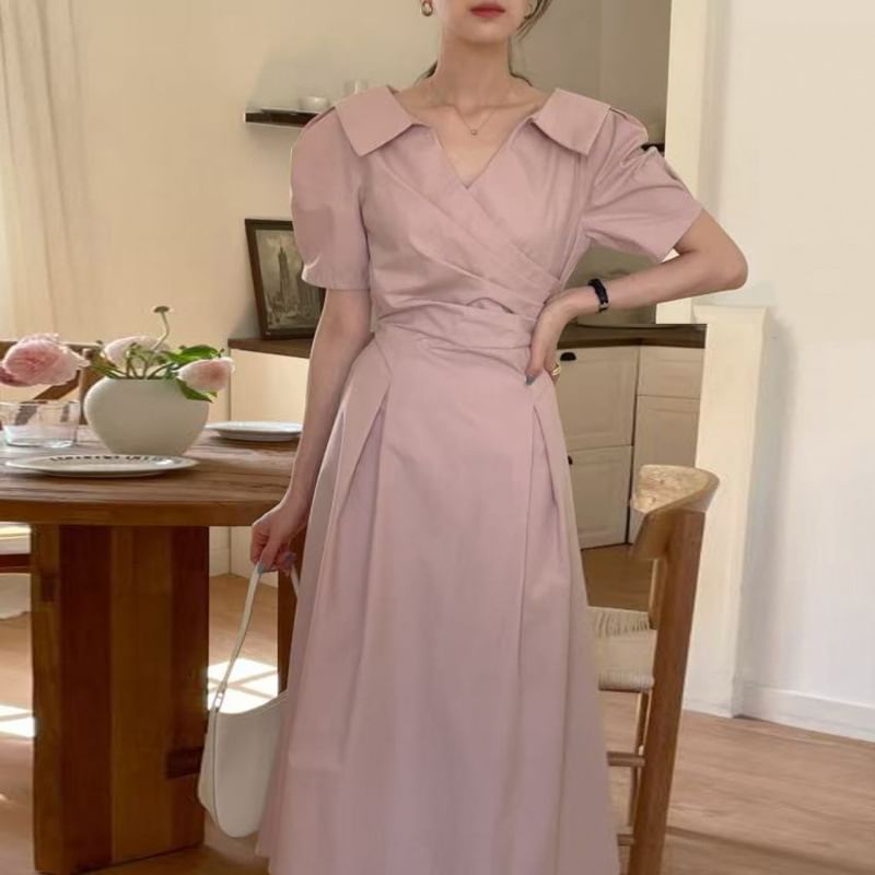 V-Neck Short Sleeve Ruched Wrap Maxi Dress - Altfashion Shop