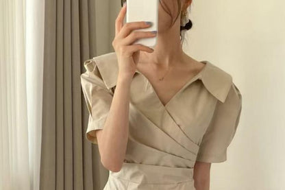 V-Neck Short Sleeve Ruched Wrap Maxi Dress - Altfashion Shop