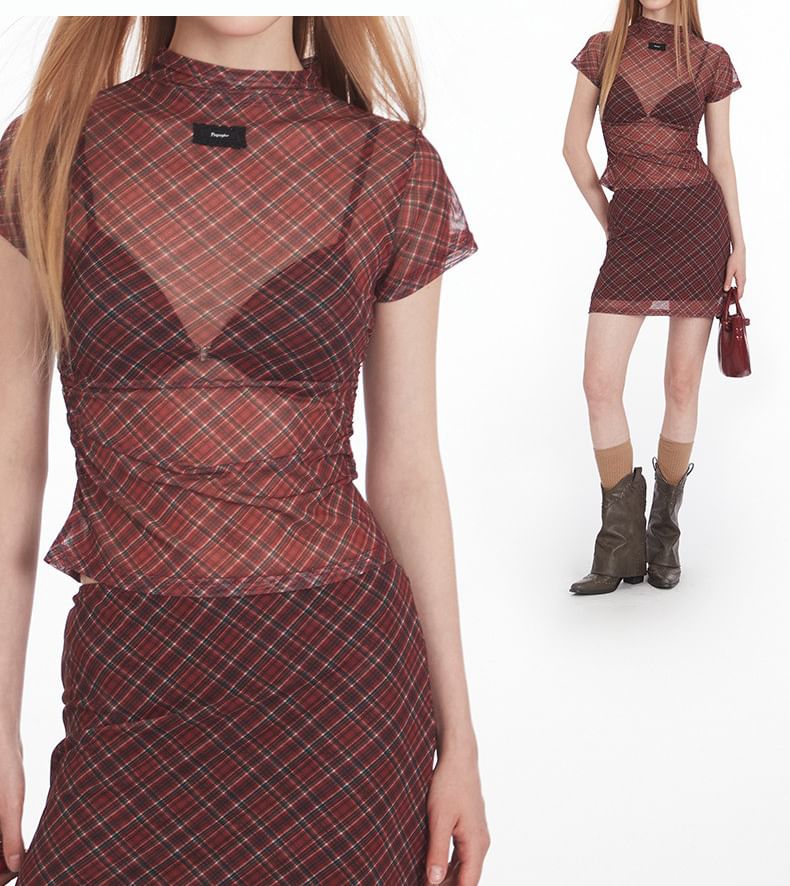 Plaid Ruched Top and Mini A-Line Skirt Set