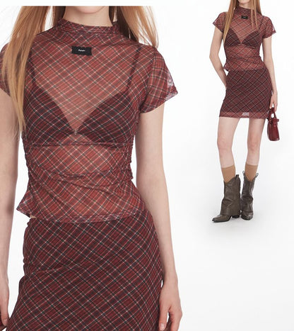 Plaid Ruched Top and Mini A-Line Skirt Set