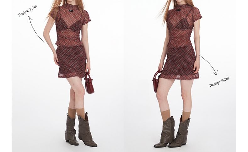 Plaid Ruched Top and Mini A-Line Skirt Set
