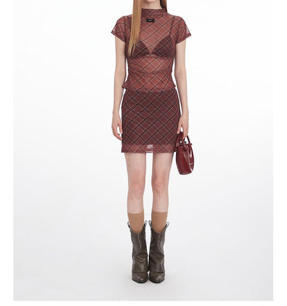 Plaid Ruched Top and Mini A-Line Skirt Set