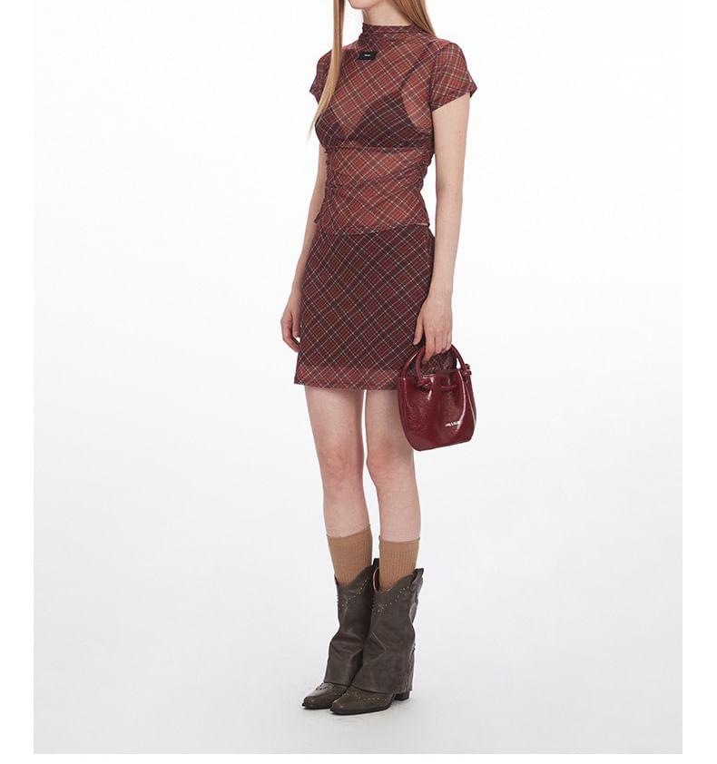 Plaid Ruched Top and Mini A-Line Skirt Set