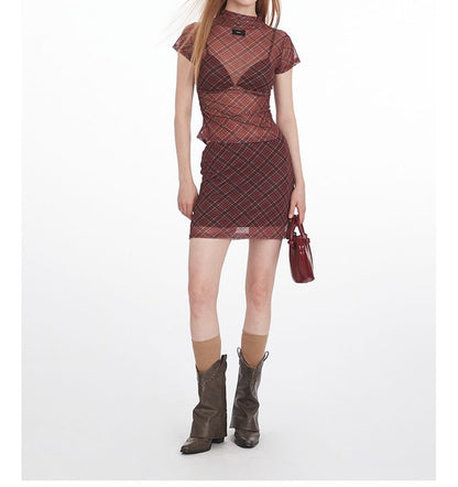 Plaid Ruched Top and Mini A-Line Skirt Set