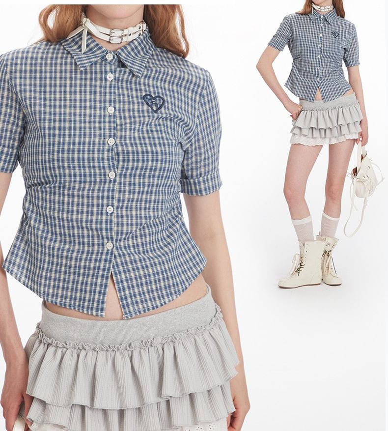 Plaid Collared Cropped Short-Sleeved Shirt
