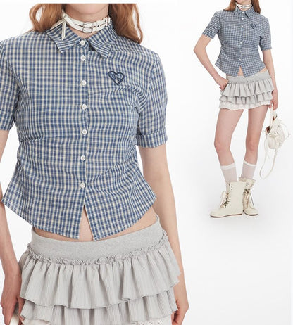 Plaid Collared Cropped Short-Sleeved Shirt