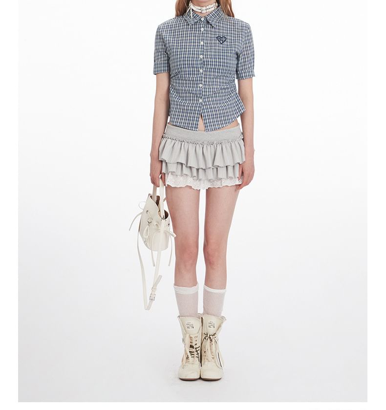Plaid Collared Cropped Short-Sleeved Shirt