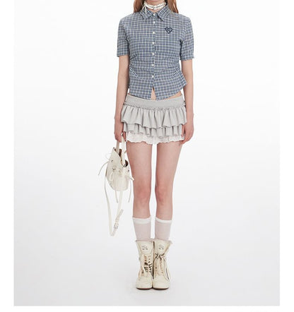 Plaid Collared Cropped Short-Sleeved Shirt