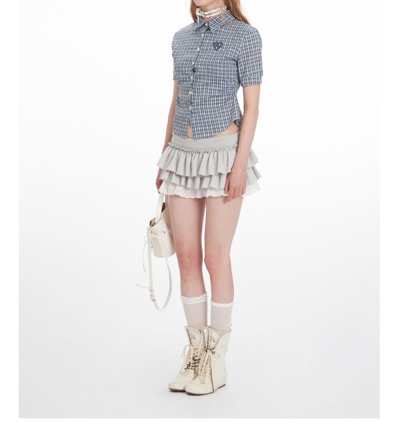 Plaid Collared Cropped Short-Sleeved Shirt