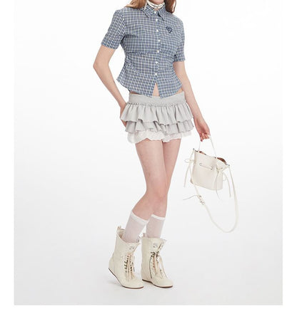 Plaid Collared Cropped Short-Sleeved Shirt