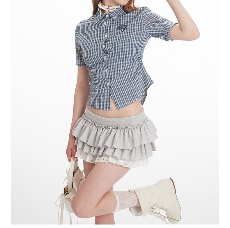 Plaid Collared Cropped Short-Sleeved Shirt