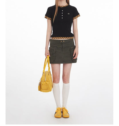 Plaid Trimmed Henley-Neck Short-Sleeved Tee