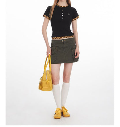 Plaid Trimmed Henley-Neck Short-Sleeved Tee