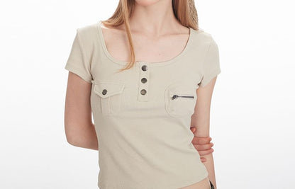 Plain Scoop-Neck Cropped Short-Sleeved Tee