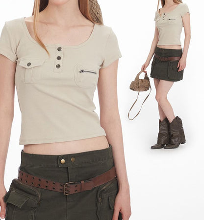 Plain Scoop-Neck Cropped Short-Sleeved Tee