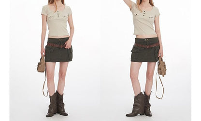 Plain Scoop-Neck Cropped Short-Sleeved Tee