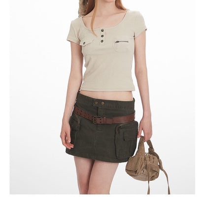 Plain Scoop-Neck Cropped Short-Sleeved Tee