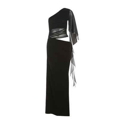 One Shoulder Cut-Out Slit Maxi Dress - Altfashion Shop