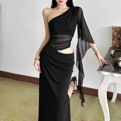 One Shoulder Cut-Out Slit Maxi Dress - Altfashion Shop