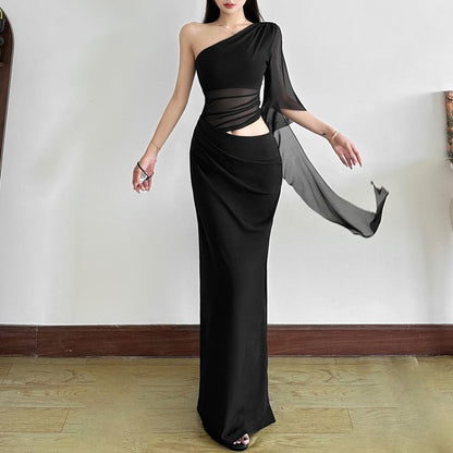 One Shoulder Cut-Out Slit Maxi Dress - Altfashion Shop