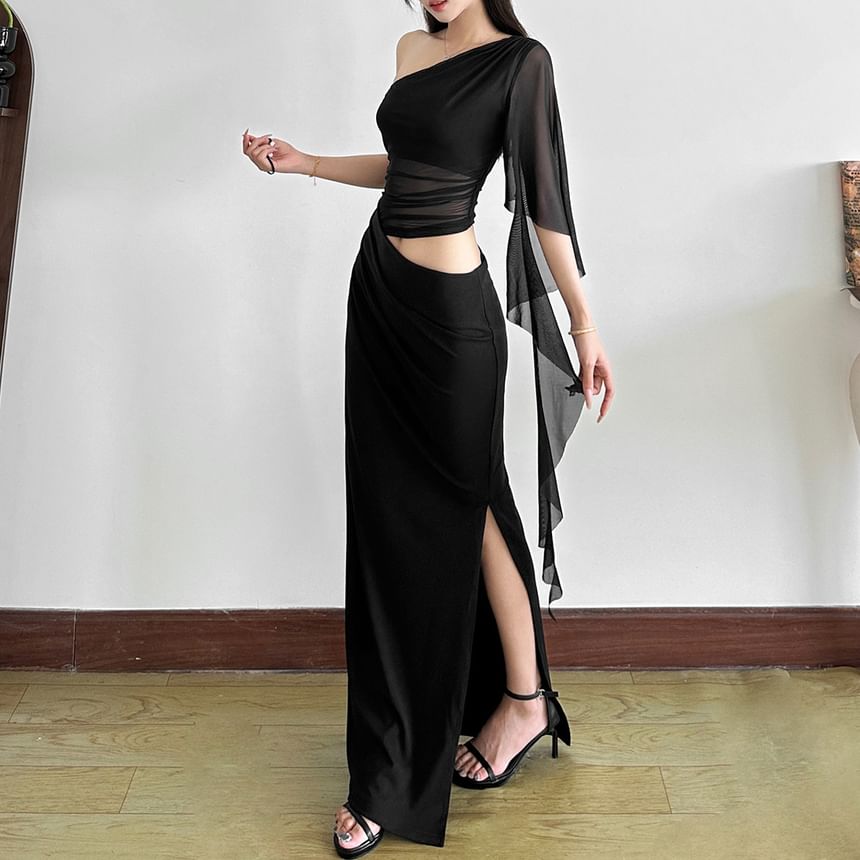 One Shoulder Cut-Out Slit Maxi Dress - Altfashion Shop