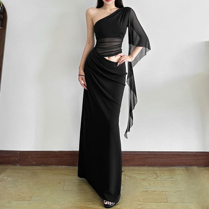 One Shoulder Cut-Out Slit Maxi Dress - Altfashion Shop
