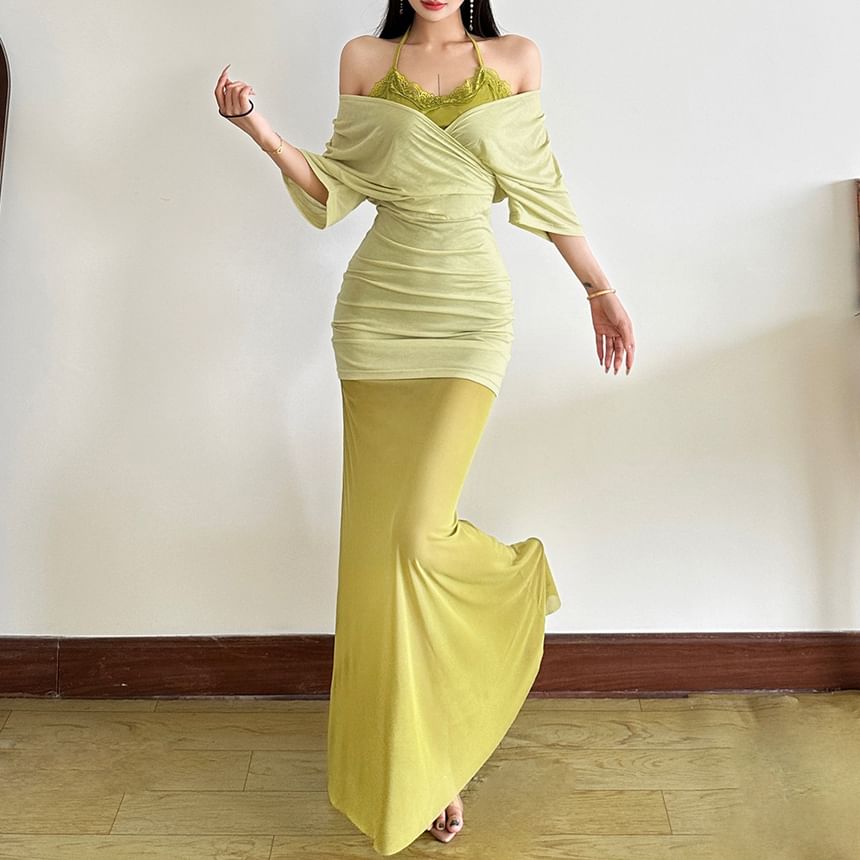 Off-Shoulder Lace-Trim Bodycon Maxi Dress - Altfashion Shop
