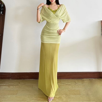 Off-Shoulder Lace-Trim Bodycon Maxi Dress - Altfashion Shop