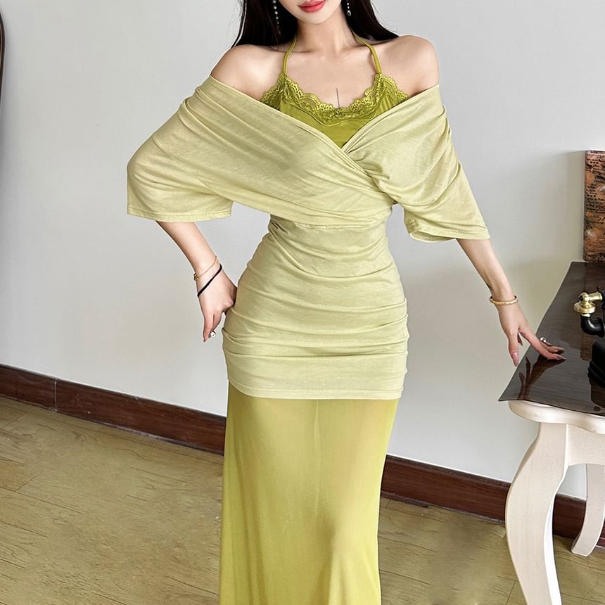 Off-Shoulder Lace-Trim Bodycon Maxi Dress - Altfashion Shop