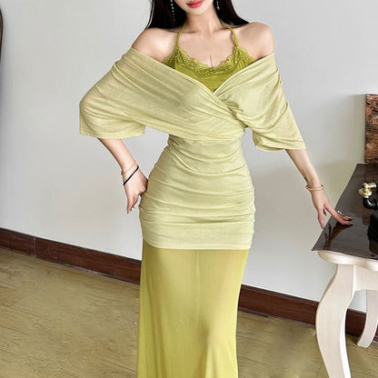 Off-Shoulder Lace-Trim Bodycon Maxi Dress - Altfashion Shop