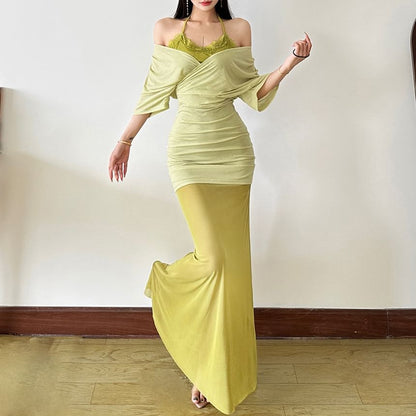 Off-Shoulder Lace-Trim Bodycon Maxi Dress - Altfashion Shop