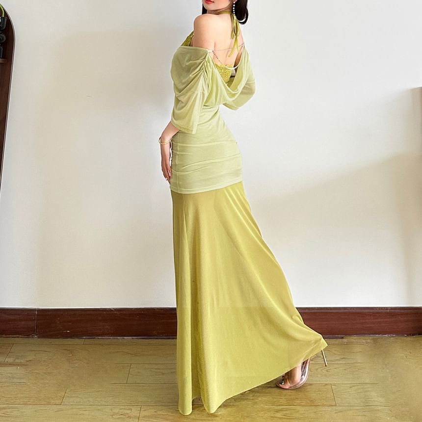 Off-Shoulder Lace-Trim Bodycon Maxi Dress - Altfashion Shop