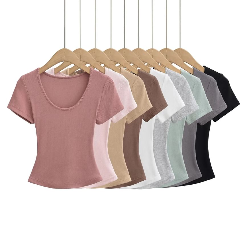 Ribbed Plain Scoop-Neck Short-Sleeved Slim-Fit Cropped T-Shirt