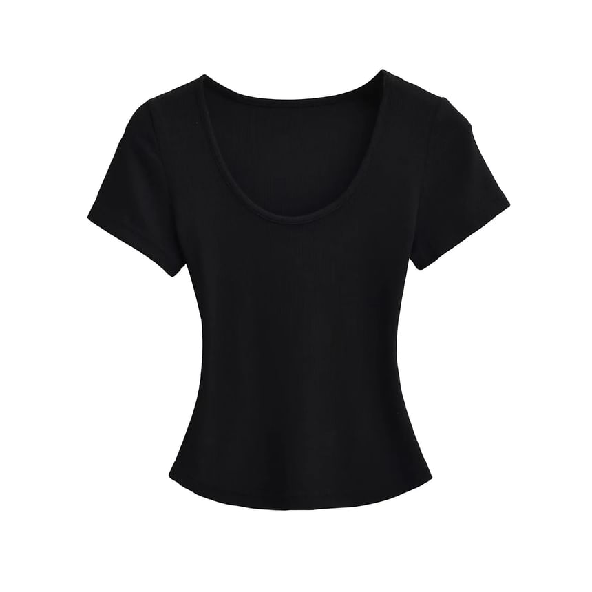 Ribbed Plain Scoop-Neck Short-Sleeved Slim-Fit Cropped T-Shirt