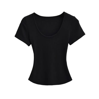 Ribbed Plain Scoop-Neck Short-Sleeved Slim-Fit Cropped T-Shirt
