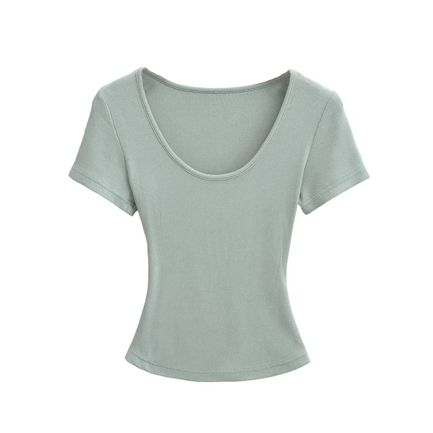Ribbed Plain Scoop-Neck Short-Sleeved Slim-Fit Cropped T-Shirt