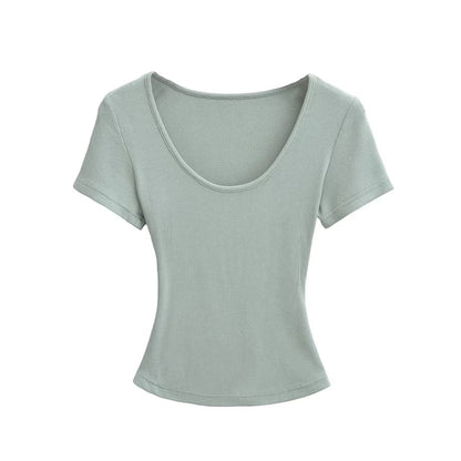 Ribbed Plain Scoop-Neck Short-Sleeved Slim-Fit Cropped T-Shirt