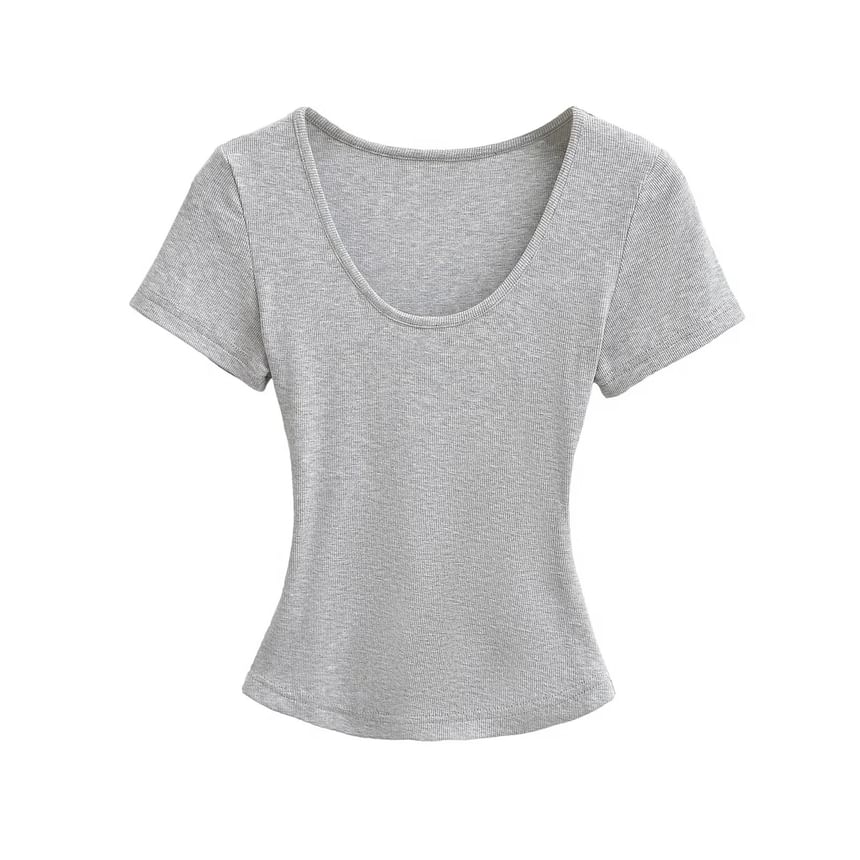 Ribbed Plain Scoop-Neck Short-Sleeved Slim-Fit Cropped T-Shirt