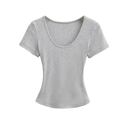 Ribbed Plain Scoop-Neck Short-Sleeved Slim-Fit Cropped T-Shirt
