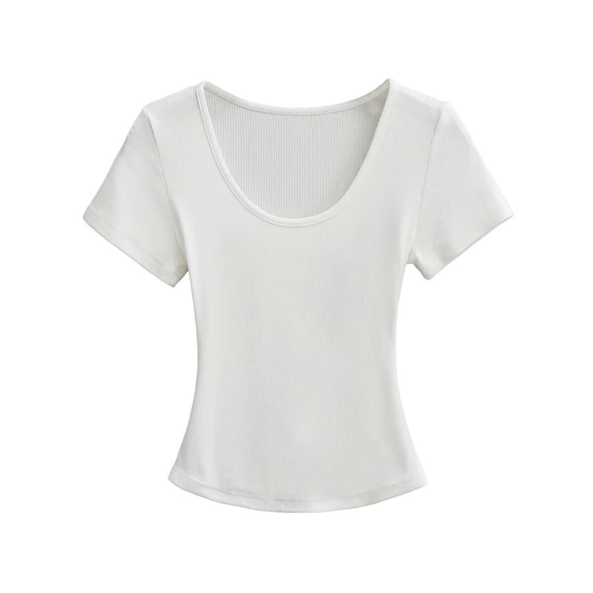 Ribbed Plain Scoop-Neck Short-Sleeved Slim-Fit Cropped T-Shirt