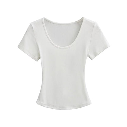 Ribbed Plain Scoop-Neck Short-Sleeved Slim-Fit Cropped T-Shirt