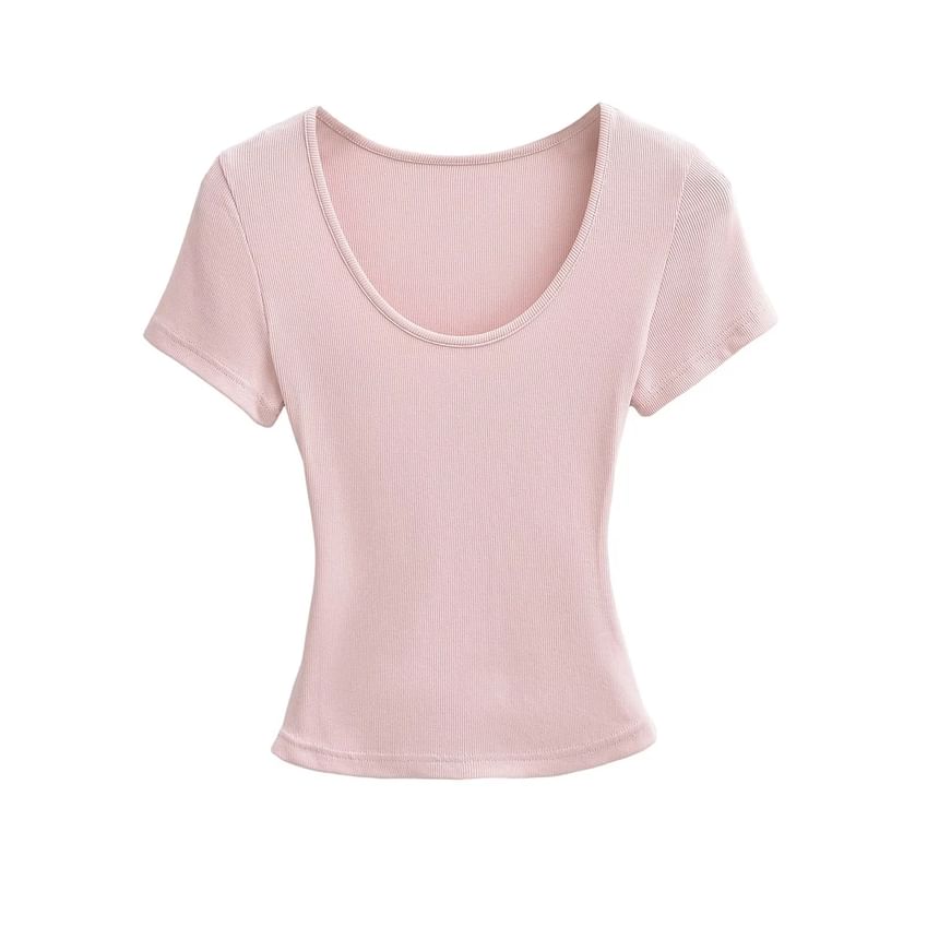 Ribbed Plain Scoop-Neck Short-Sleeved Slim-Fit Cropped T-Shirt