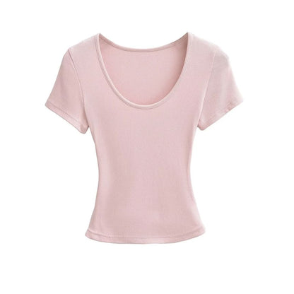 Ribbed Plain Scoop-Neck Short-Sleeved Slim-Fit Cropped T-Shirt