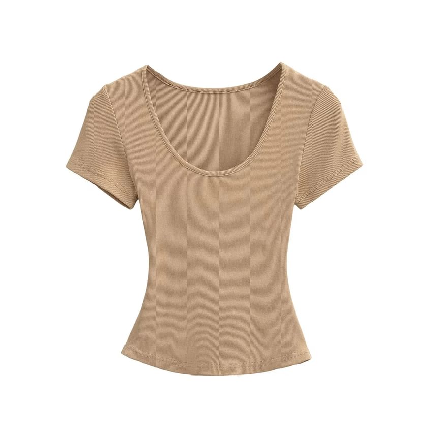 Ribbed Plain Scoop-Neck Short-Sleeved Slim-Fit Cropped T-Shirt