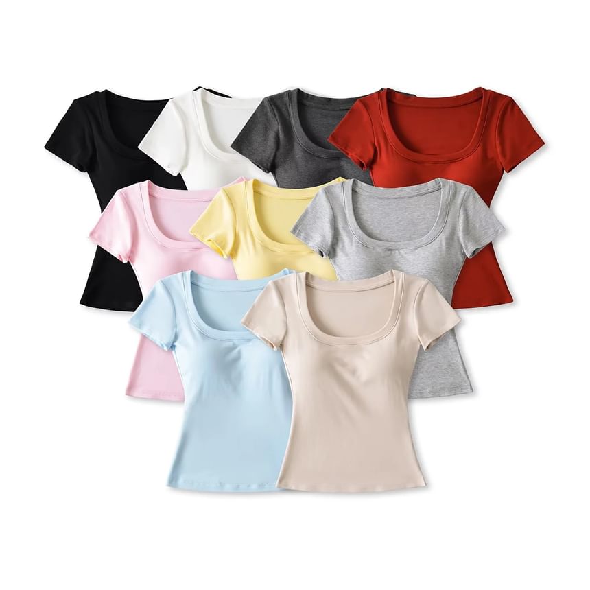 Plain Padded Scoop-Neck Short-Sleeved Cropped T-Shirt