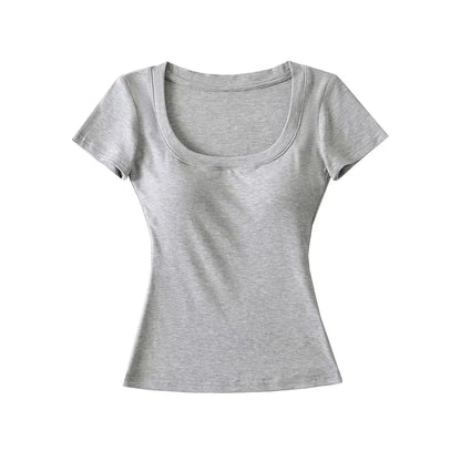 Plain Padded Scoop-Neck Short-Sleeved Cropped T-Shirt